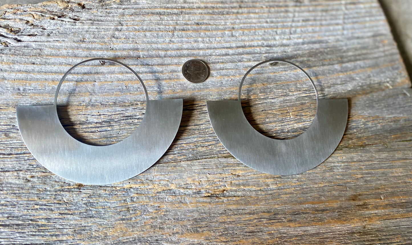 Statement Modern Half Circle Hoop Earrings - Brush SILVER