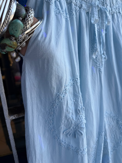 100% Cotton Boho Embroidery  Wide Leg Pant with Pockets and Lace Detail- Sky Blue