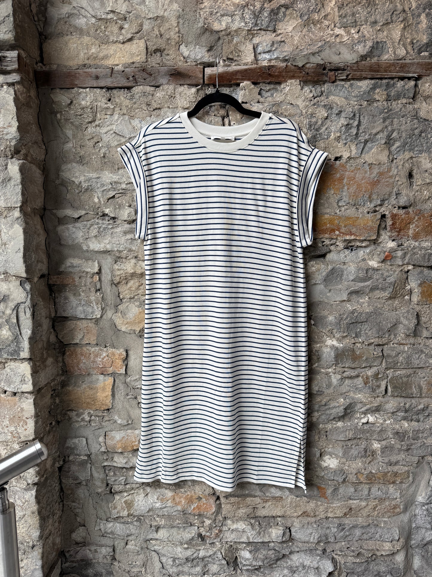 100% Cotton  Mid Length  Pinstripe Dress - Navy Blue and Ivory Stripe