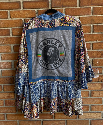 Denim Trim Band Tee Cardigan - BOB MARLEY