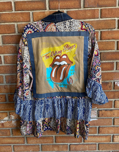 Denim Trim Band Tee Cardigan - ROLLING STONES