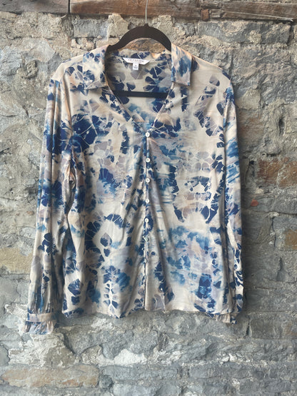 Long Sleeve Button Front Shirt - Blue and Cream Pattern