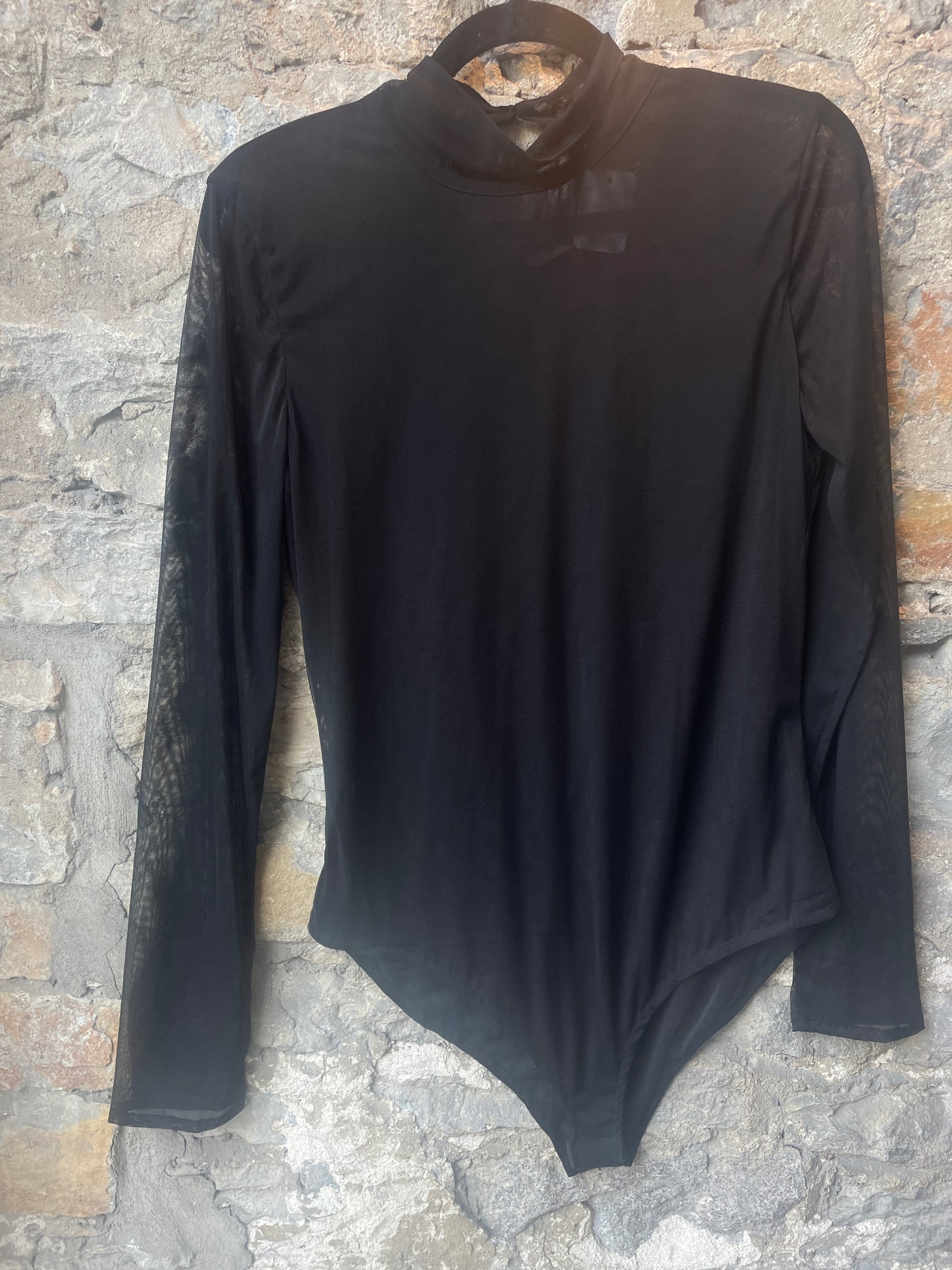 Black Long Sleeve Mock Neck Mesh Bodysuit