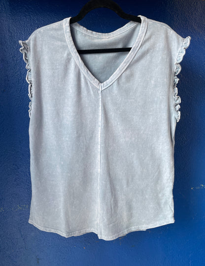 100% prewashed cotton sleeveless with ruffle detail Tshirt - Baby Blue
