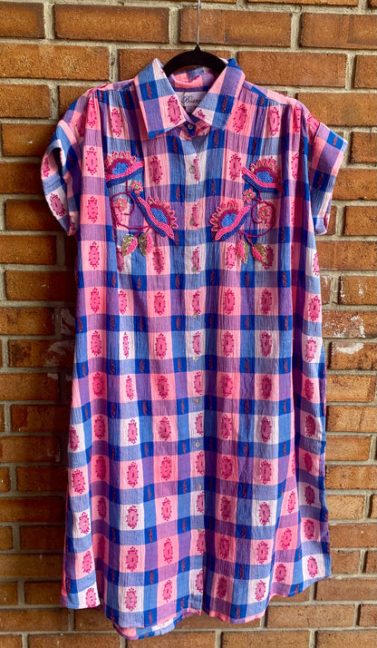 100% Cotton Gingham Beaded Shirt Dress - PINK, BLUE