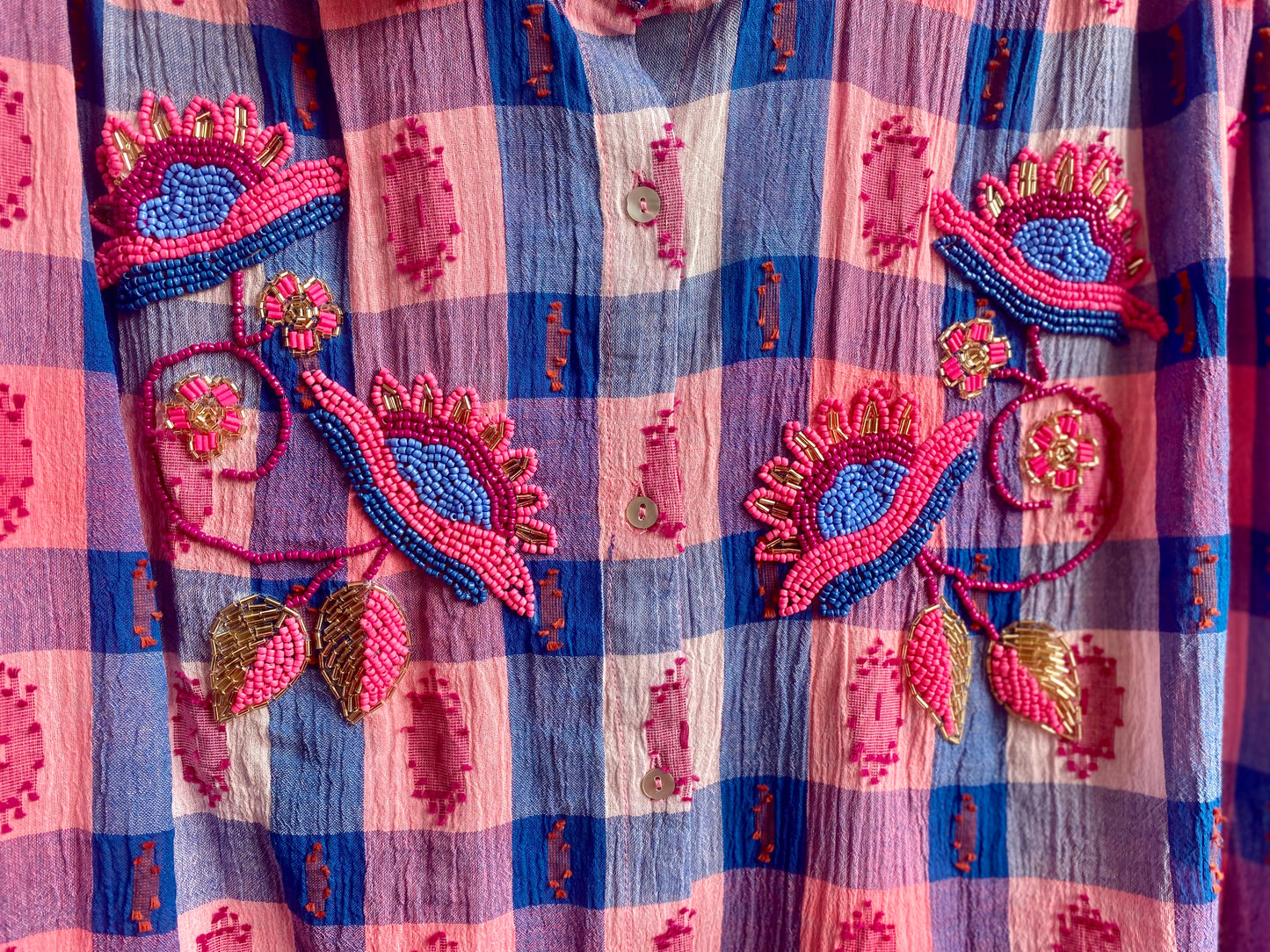 100% Cotton Gingham Beaded Shirt Dress - PINK, BLUE