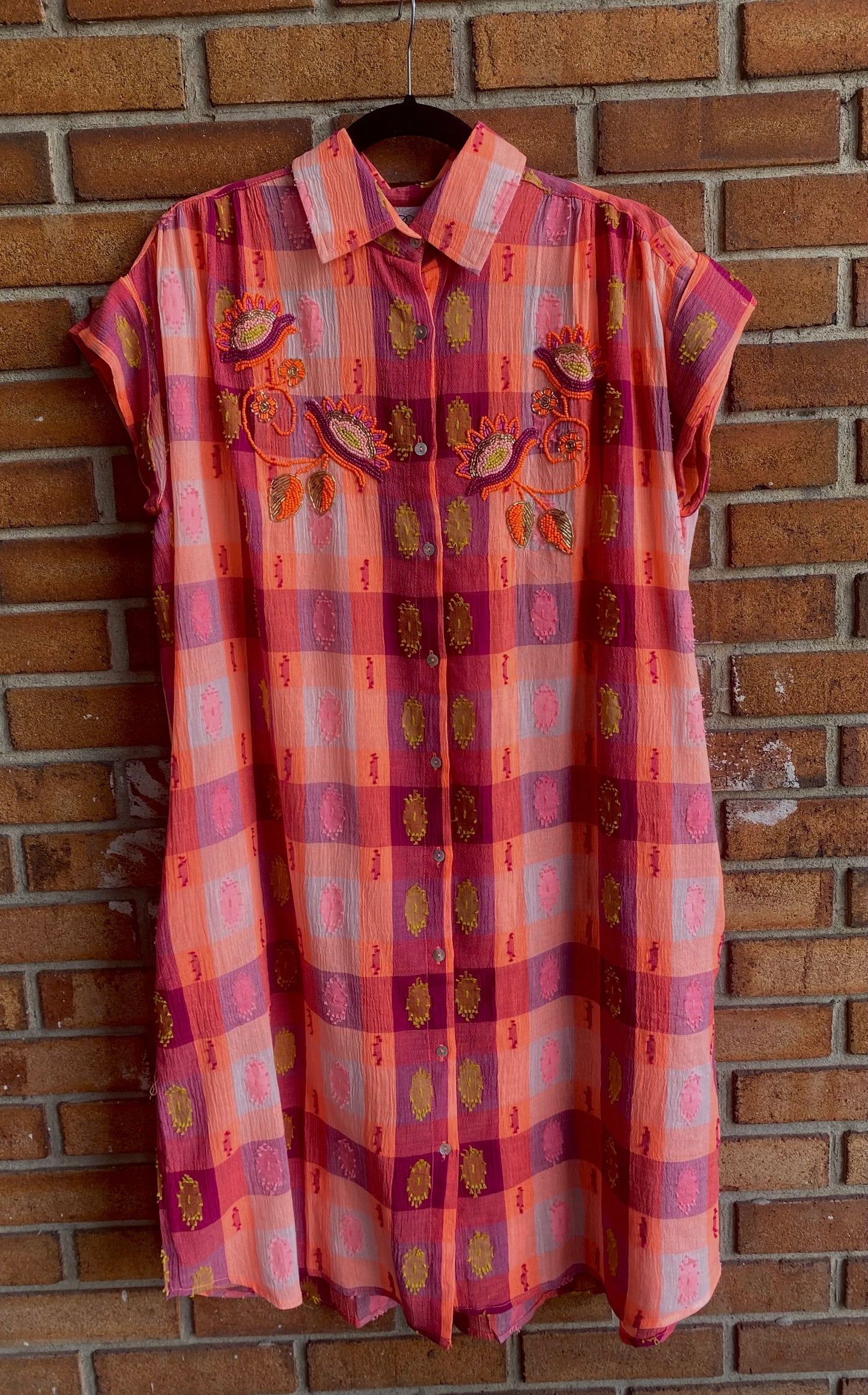 100% Cotton Gingham Beaded Shirt Dress - PINK, ORANGE