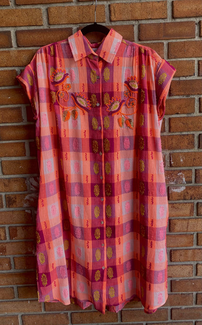 100% Cotton Gingham Beaded Shirt Dress - PINK, ORANGE