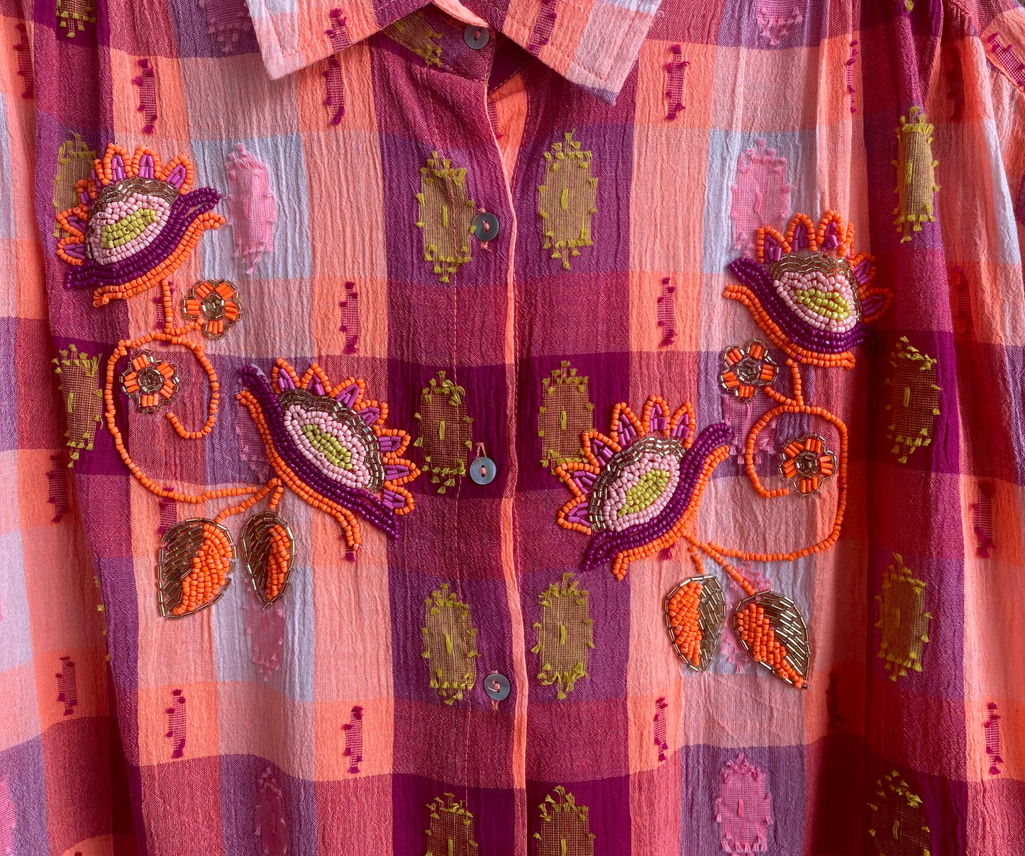 100% Cotton Gingham Beaded Shirt Dress - PINK, ORANGE