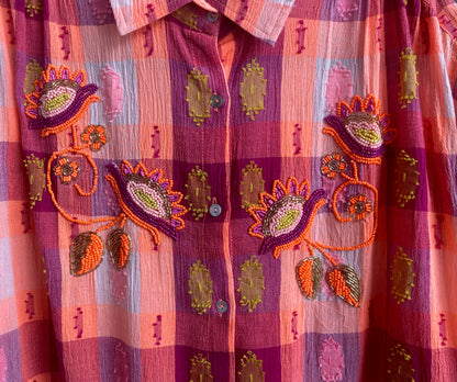 100% Cotton Gingham Beaded Shirt Dress - PINK, ORANGE