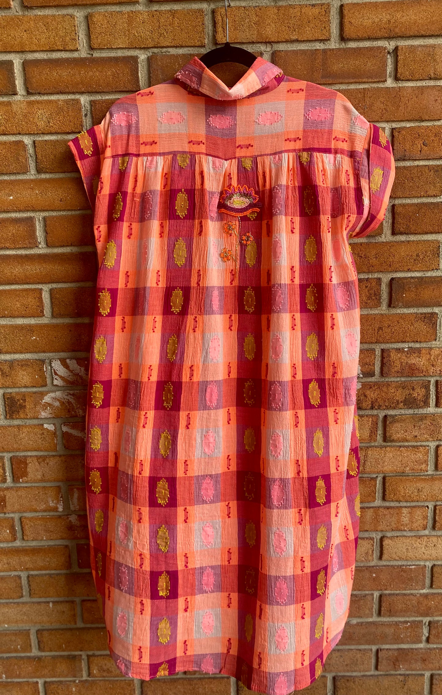 100% Cotton Gingham Beaded Shirt Dress - PINK, ORANGE