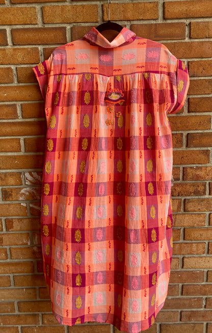 100% Cotton Gingham Beaded Shirt Dress - PINK, ORANGE