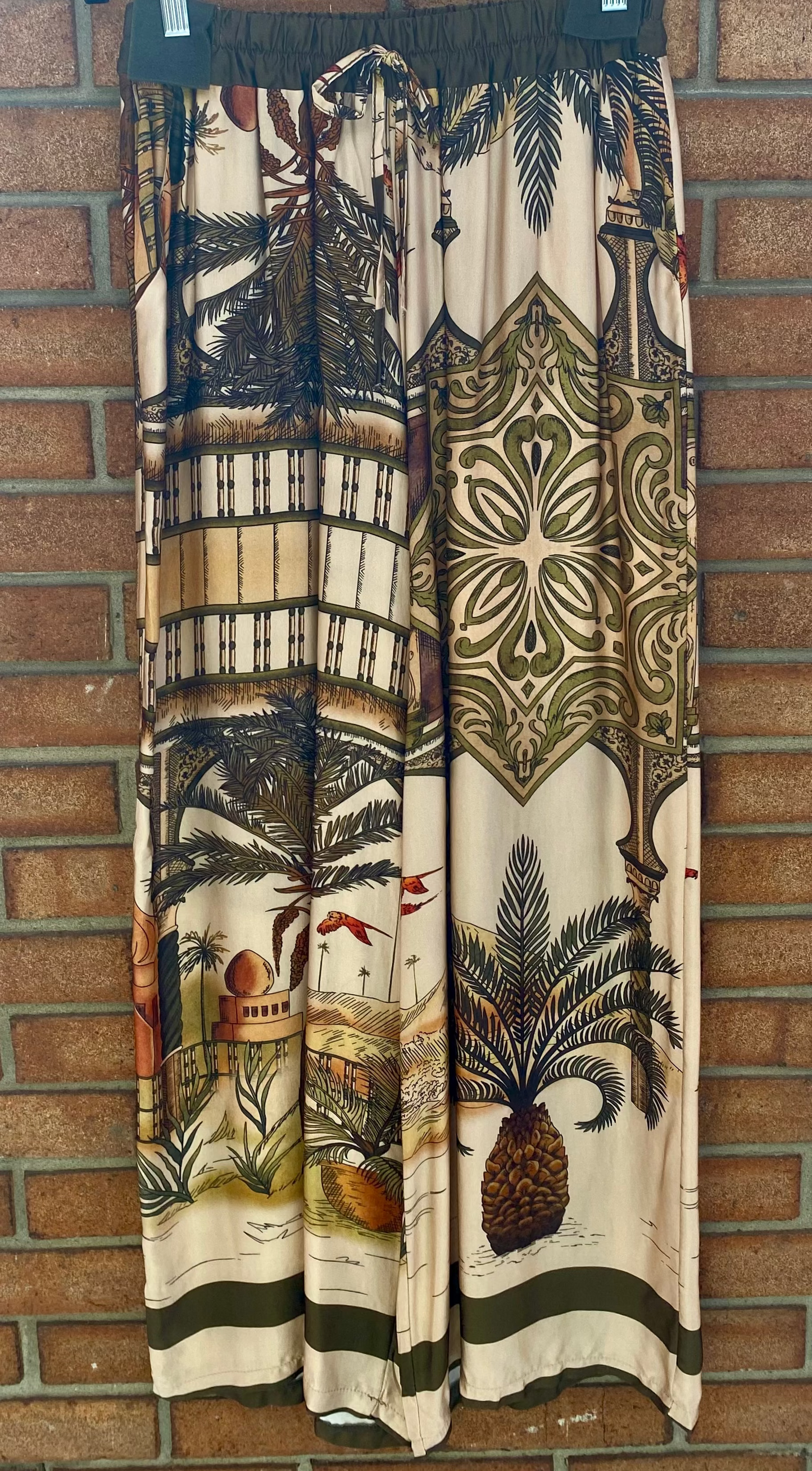 Printed Silk Pants- OLIVE
