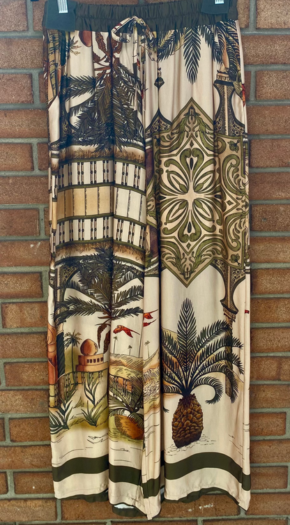 Printed Silk Pants- OLIVE