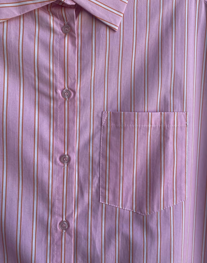 100% Cotton Oversized Striped Shirt Tunic Dress - PINK