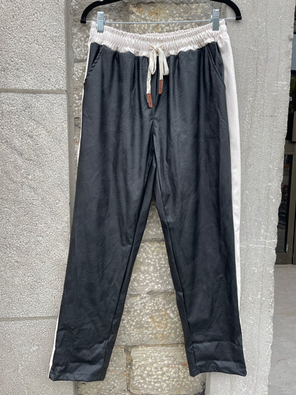 Black Pleather Relaxed Jogger Pant with Cream Detail