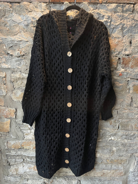 One Size  Long Knit button front Hoody  Midi Cardigan- Black