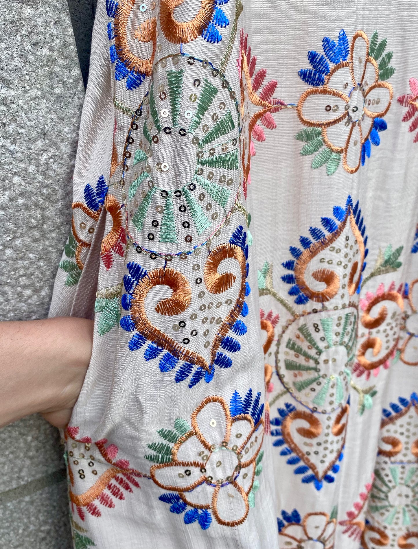 Sleeveless Embroidered V-neck Maxi Dress with pockets -BEIGE & MULTICOLOUR