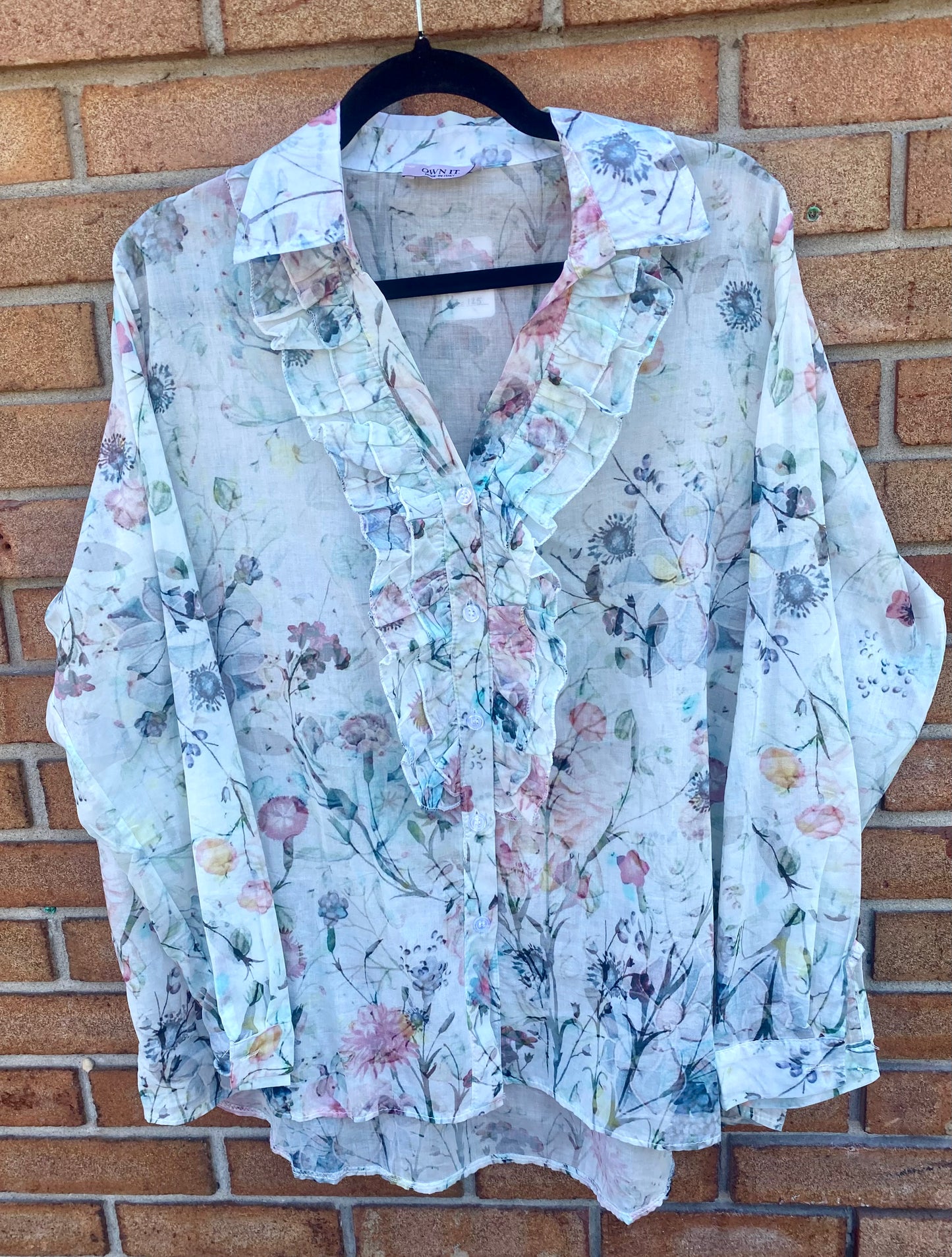 100% Cotton Ruffle Front Shirt- Watercolour Floral