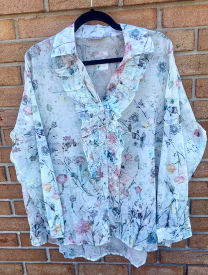 100% Cotton Ruffle Front Shirt- Watercolour Floral
