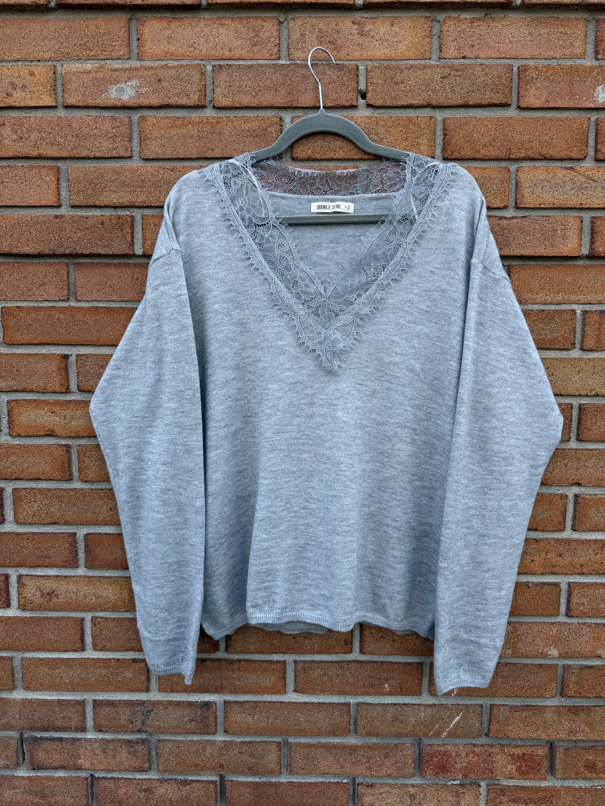 V neck Knit Sweater with Lace Trim- Grey