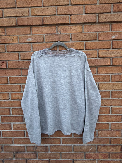 V neck Knit Sweater with Lace Trim- Grey