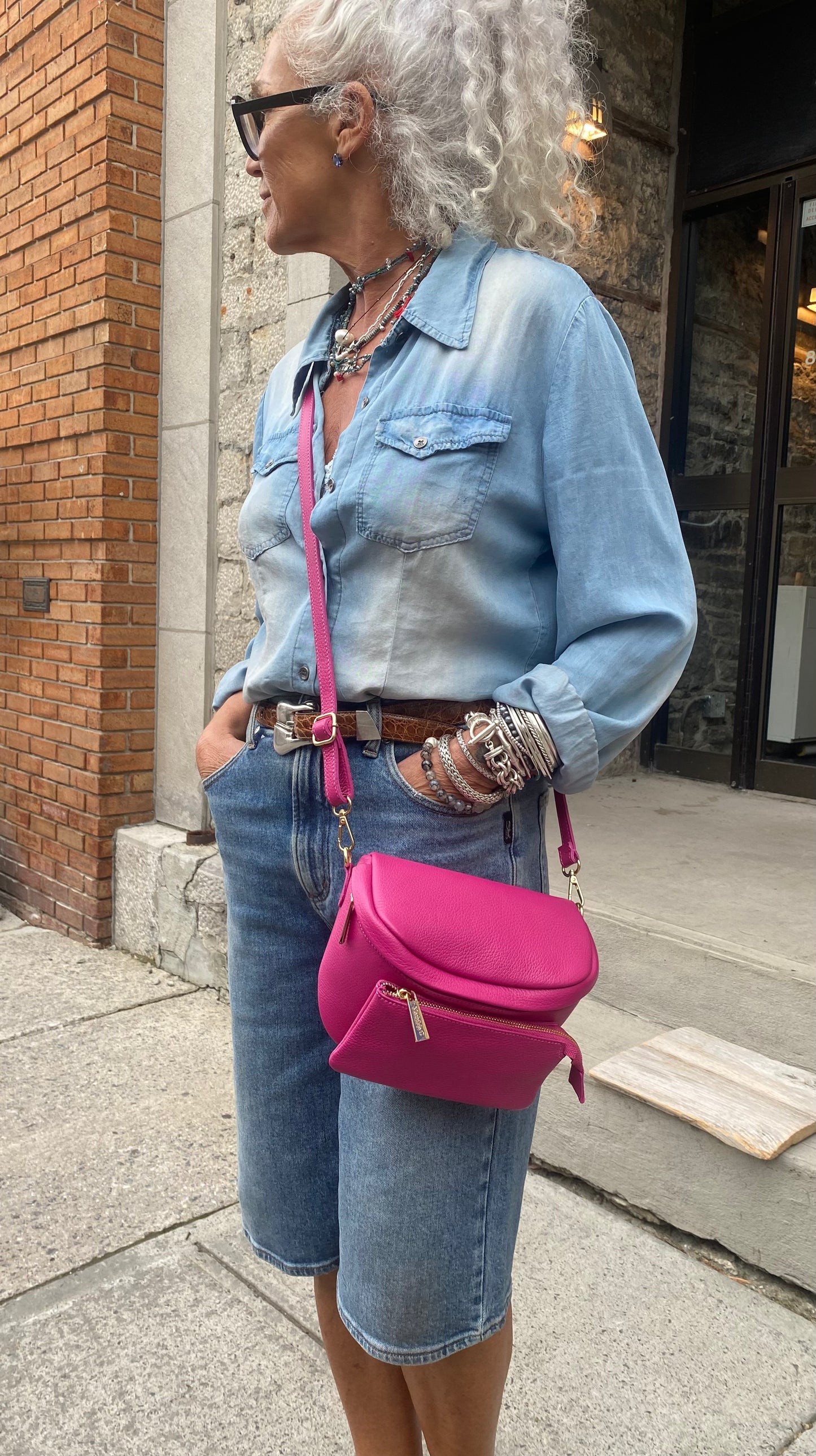 Pebble Leather Shoulder Messenger Bag - HOT PINK