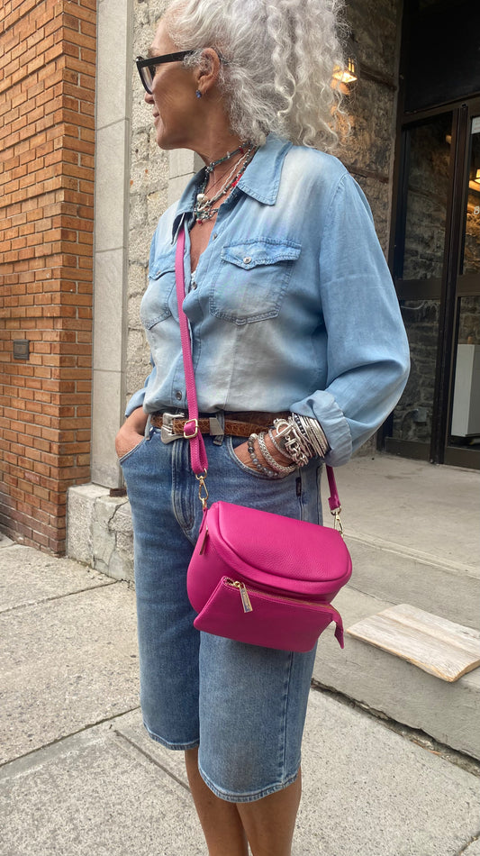 Pebble Leather Shoulder Messenger Bag - HOT PINK