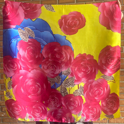 100% Silk Square Scarf - YELLOW & PINK ROSE PRINT