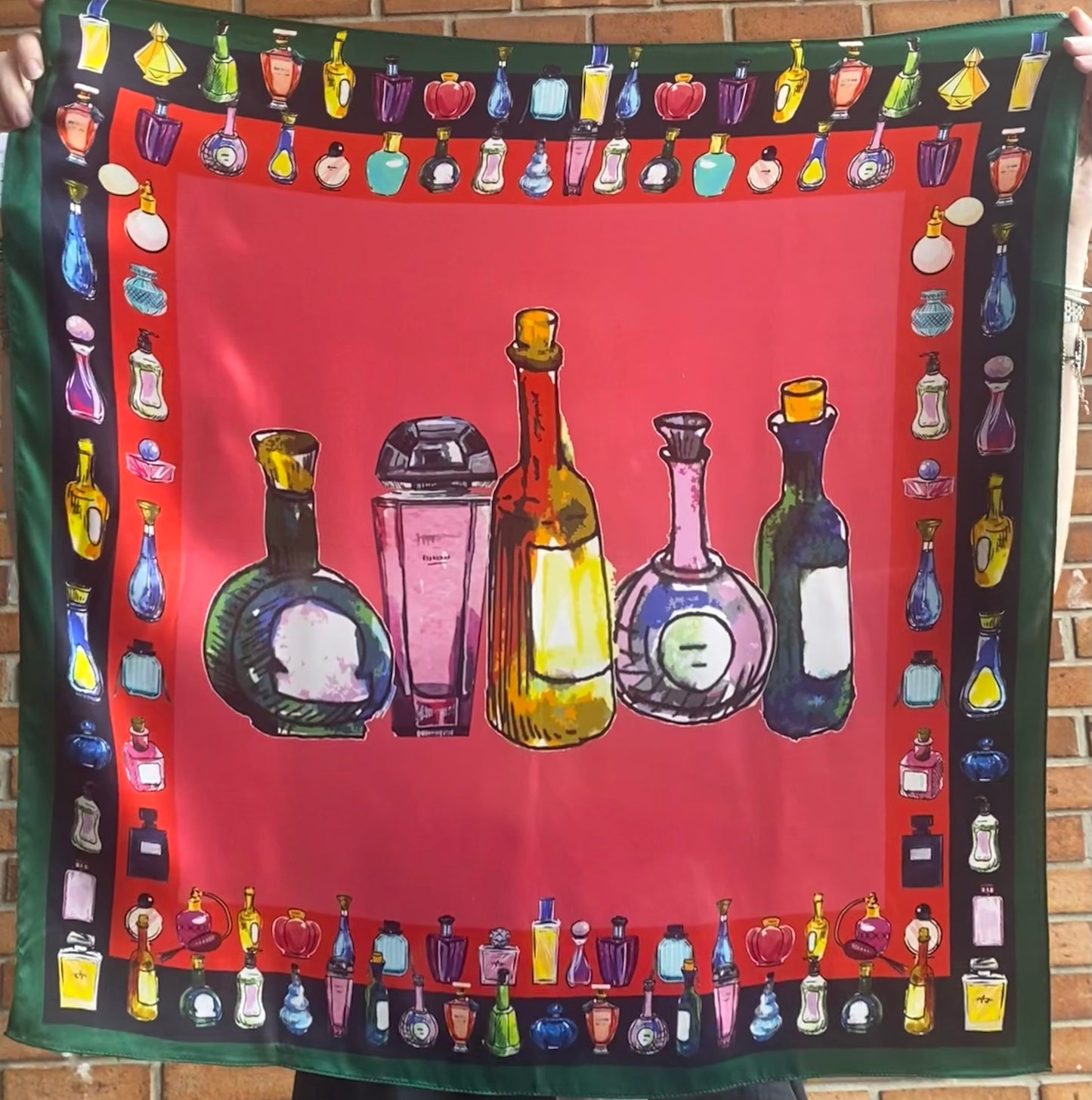 100% Silk Square Scarf - GREEN & CORAL PERFUME PRINT