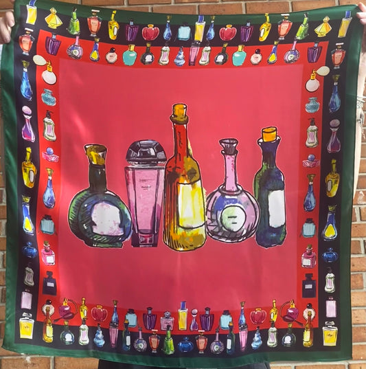 100% Silk Square Scarf - GREEN & CORAL PERFUME PRINT