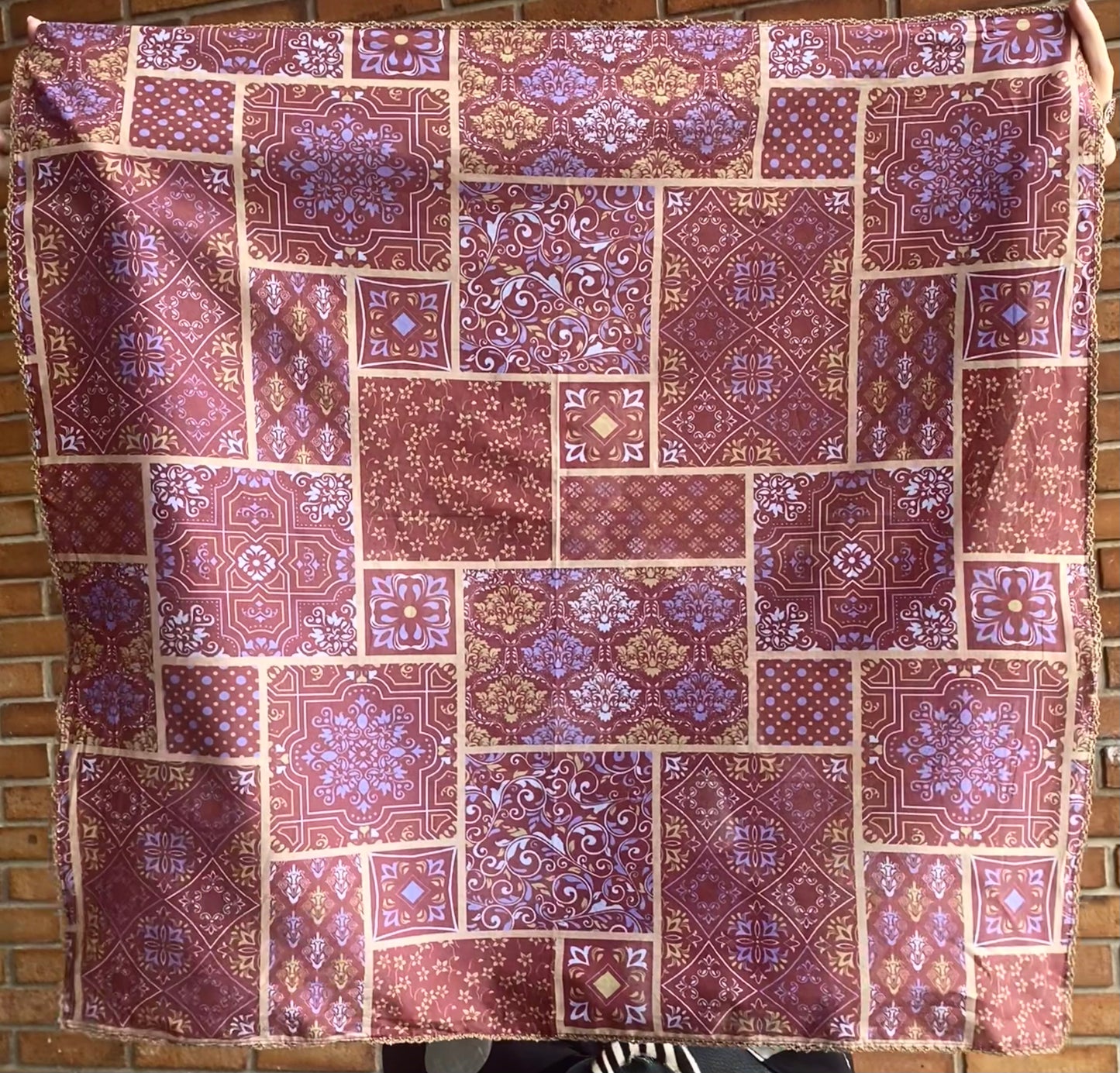 100% Cotton square Scarf - PURPLE, BROWN, BEIGE PATCHWORK PRINT