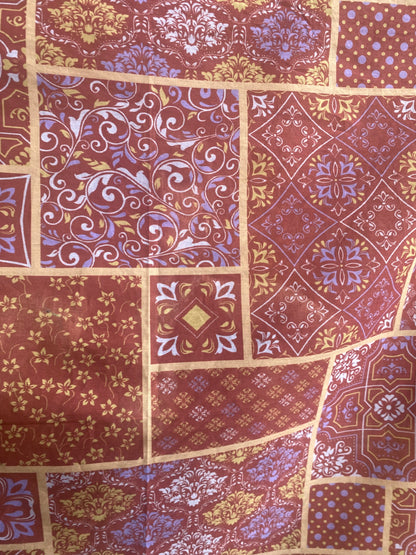 100% Cotton square Scarf - PURPLE, BROWN, BEIGE PATCHWORK PRINT