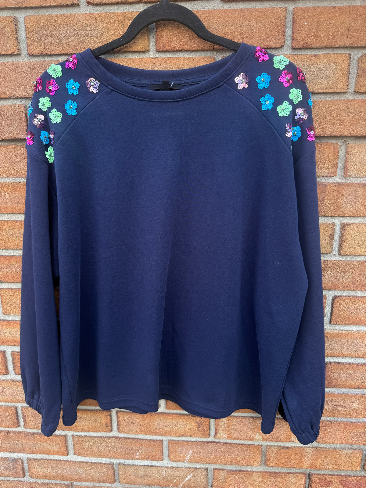 Cotton Sweatshirt with Embellished shoulders - NAVY
