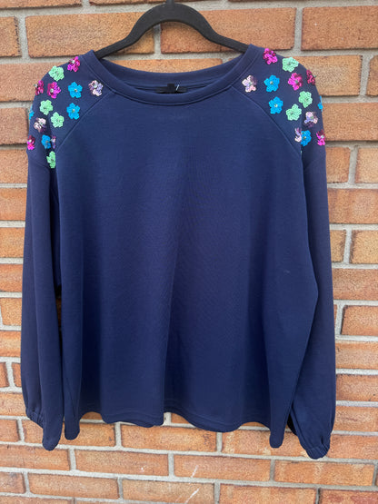 Cotton Sweatshirt with Embellished shoulders - NAVY