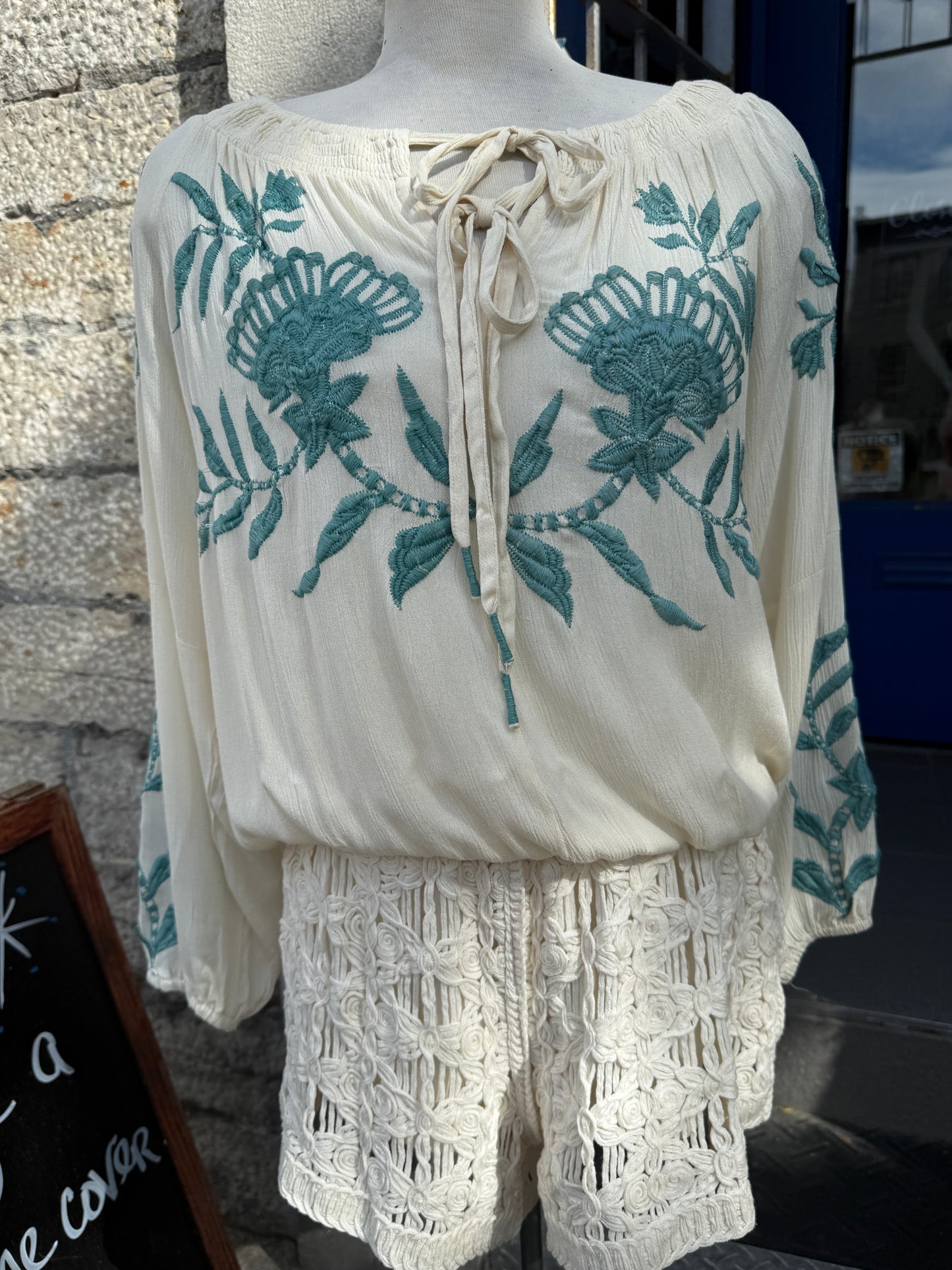 Long Sleeve Embroidery Top- Sea foam & Ivory