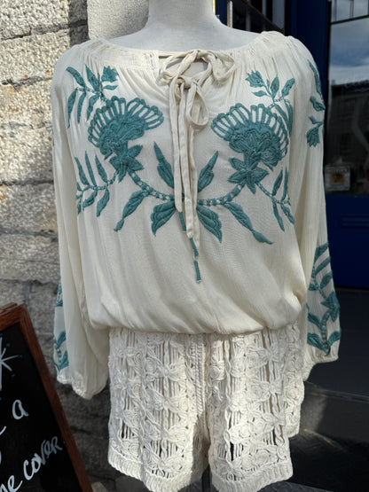 Long Sleeve Embroidery Top- Sea foam & Ivory