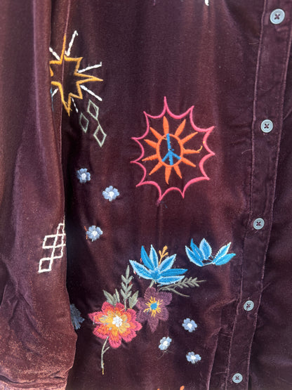 Velvet Shirt with Colourful Embroidery - BROWN EGGPLANT
