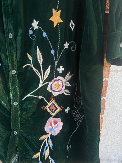 Velvet Dress Duster with Multi Colour Embroidery -GREEN