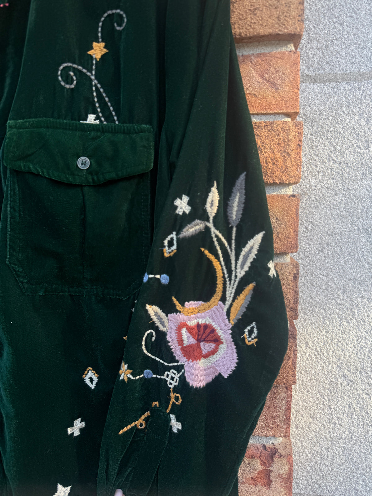 Velvet Dress Duster with Multi Colour Embroidery -GREEN