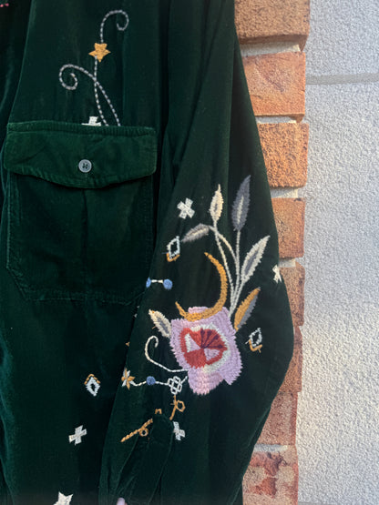 Velvet Dress Duster with Multi Colour Embroidery -GREEN
