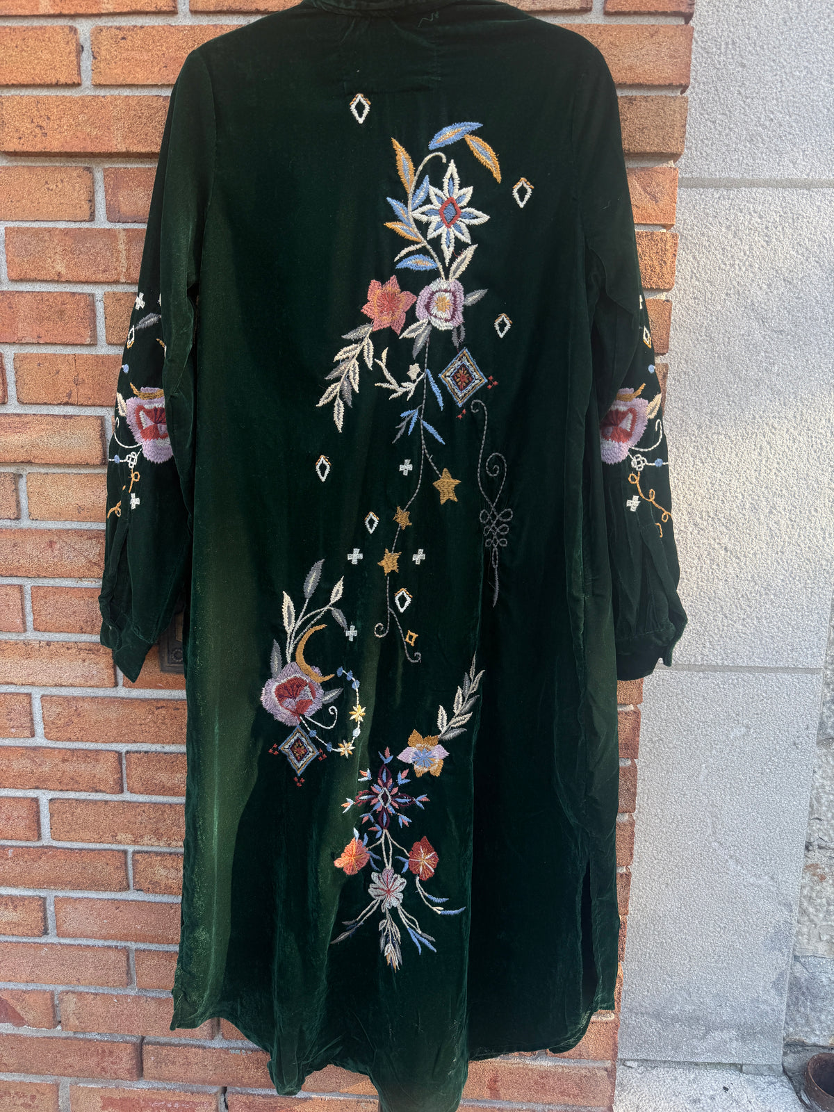 Velvet Dress Duster with Multi Colour Embroidery -GREEN