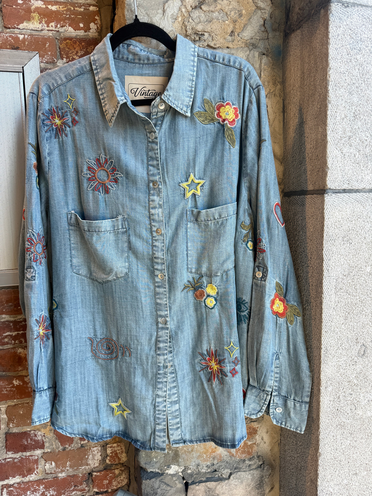Denim Shirt with Colourful Embroidery- Vintage Wash