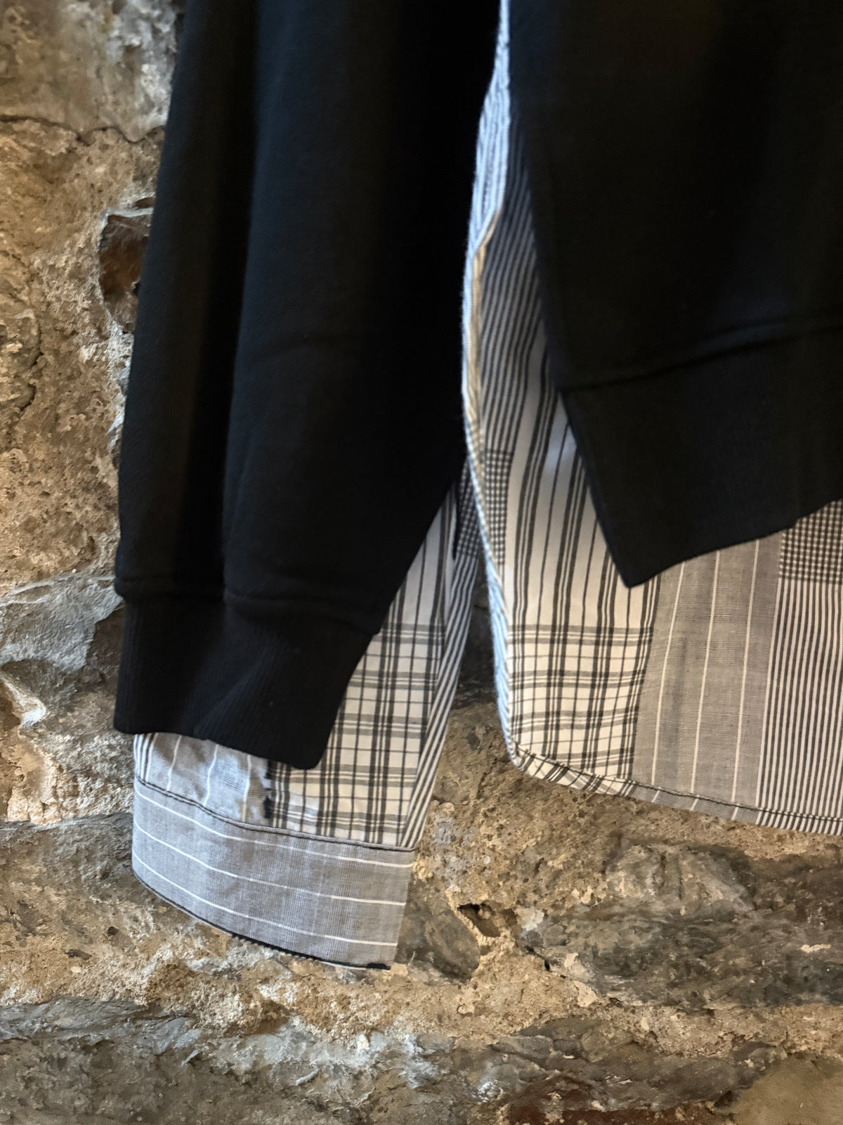 Cotton Sweatshirt with  Shirt Detail- BLACK WHITE