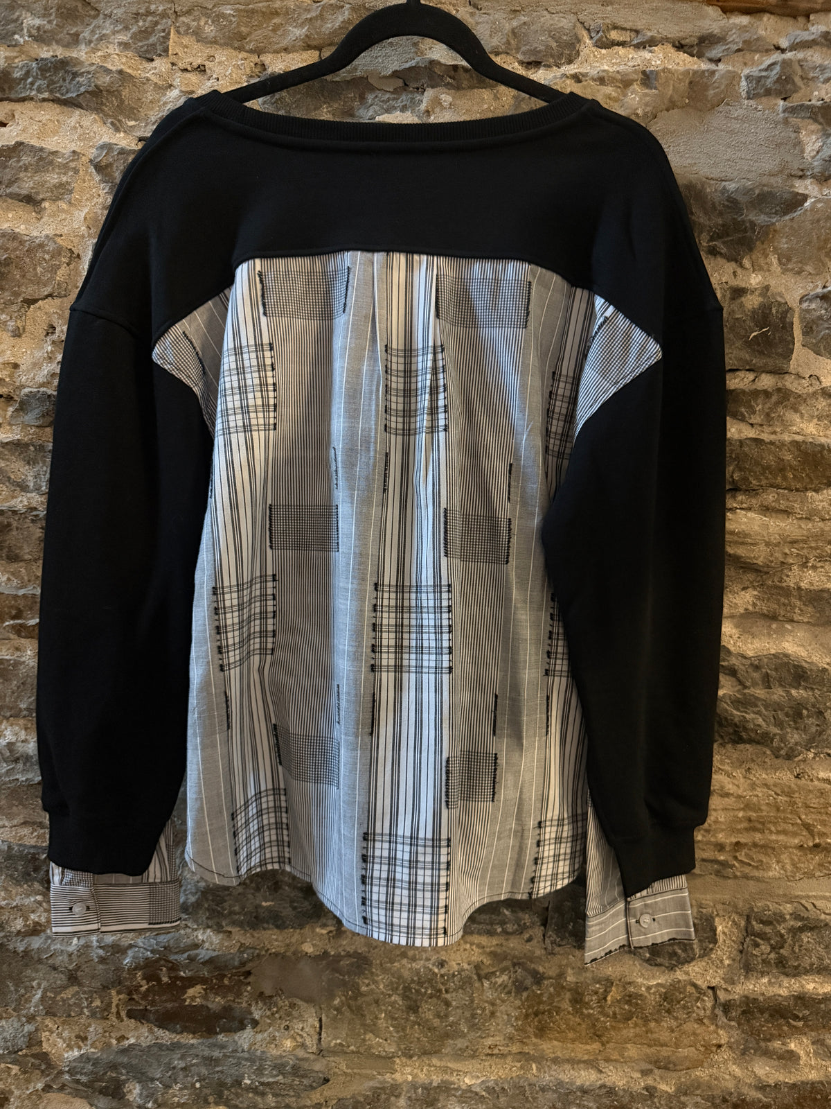 Cotton Sweatshirt with  Shirt Detail- BLACK WHITE