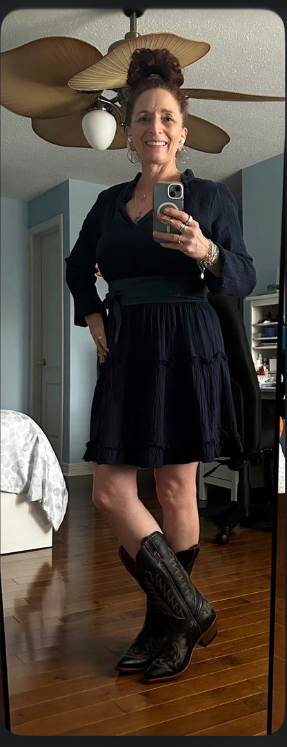 100% waffle cotton tiered short dress NAVY BLUE