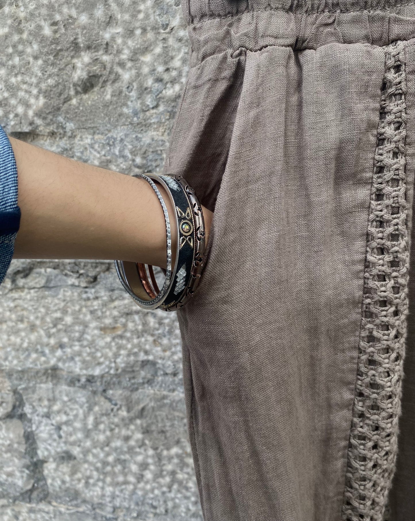 Linen Mix Crochet Front Pant with Pockets - TAUPE