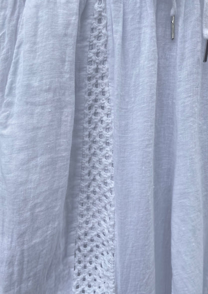 Linen Mix Crochet Front Pant with Pockets - WHITE