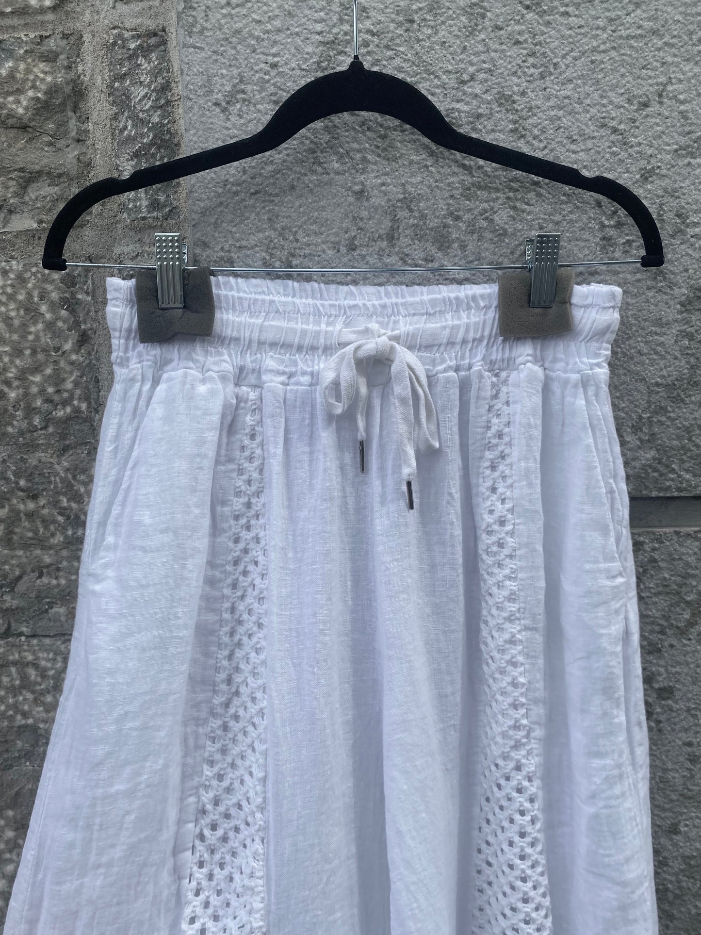Linen Mix Crochet Front Pant with Pockets - WHITE
