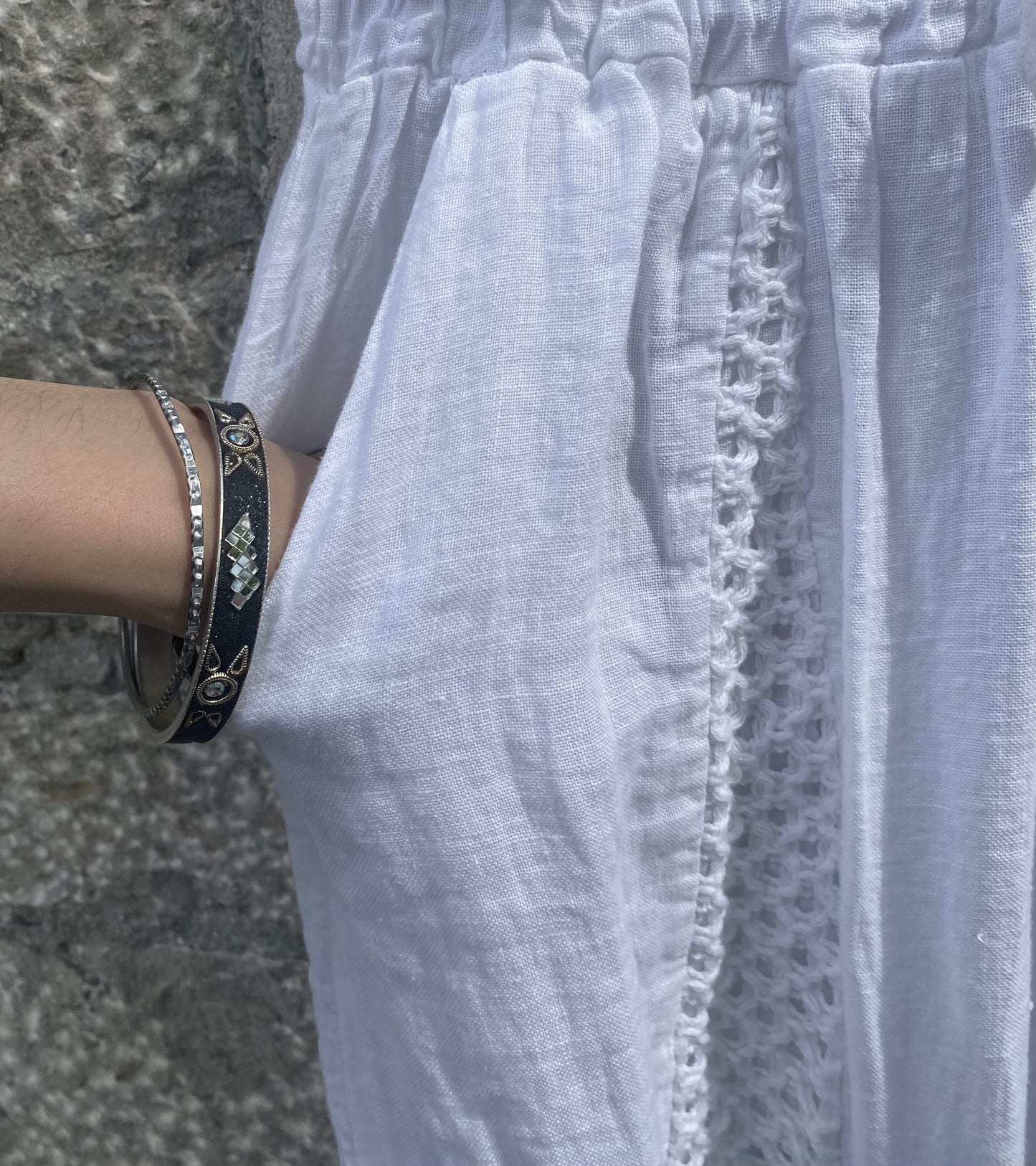 Linen Mix Crochet Front Pant with Pockets - WHITE